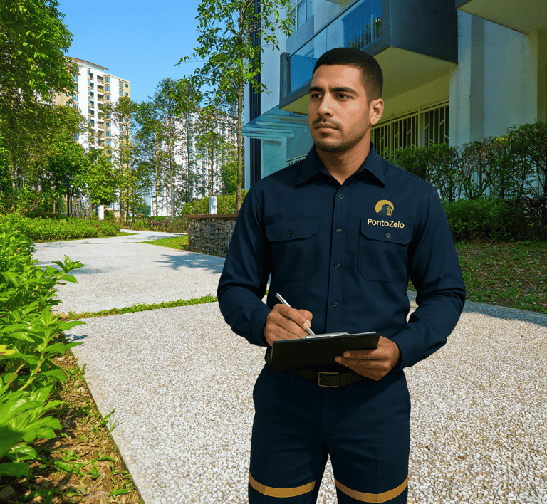 zelador com prancheta verificando serviços do condomínio.