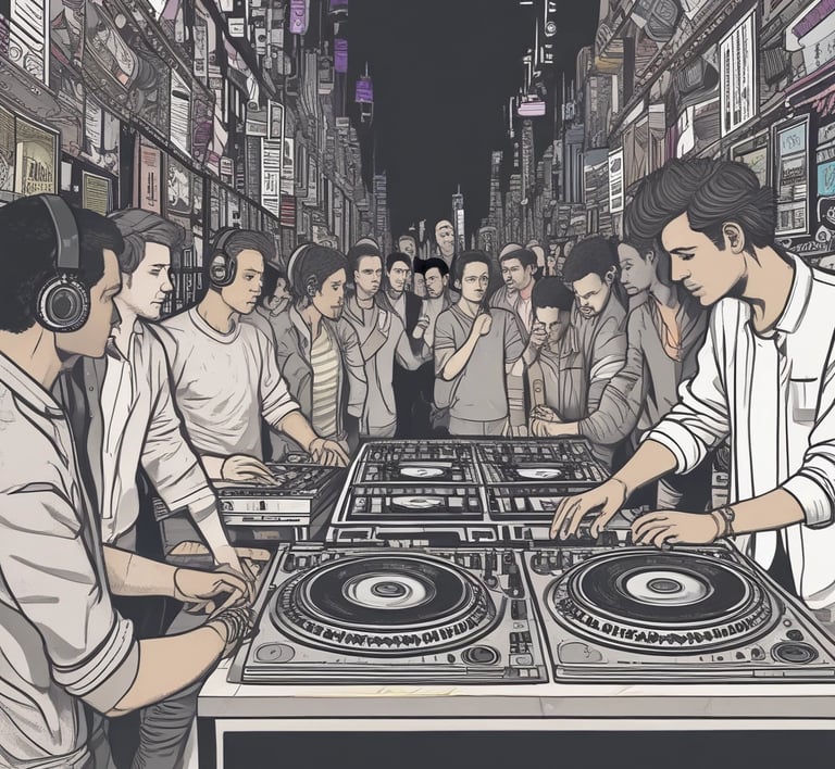 A DJ booth is set up in an urban setting with a colorful, graffiti-covered wall as a backdrop. The DJ is energetically performing, wearing headphones and gesturing with their hand. The scene is illuminated by vibrant blue and red lighting, creating an electrifying atmosphere. In the foreground, a large mixer and sound equipment are visible.