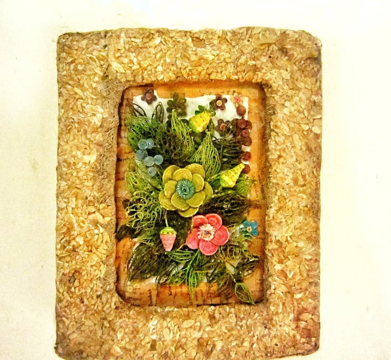 Recycle paper flower framed with pumpkin seed husk frame 