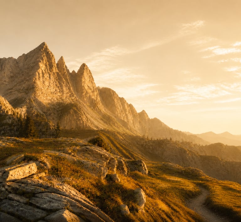Majestic jagged mountain peaks glowing in the golden light of a sunset over a rugged alpine landscape.