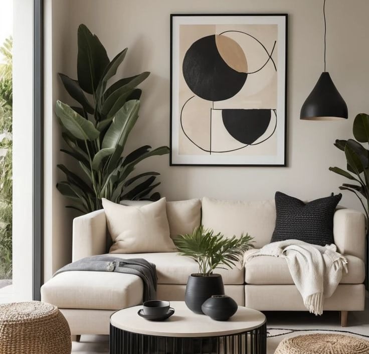 a living room with a couch and a large window