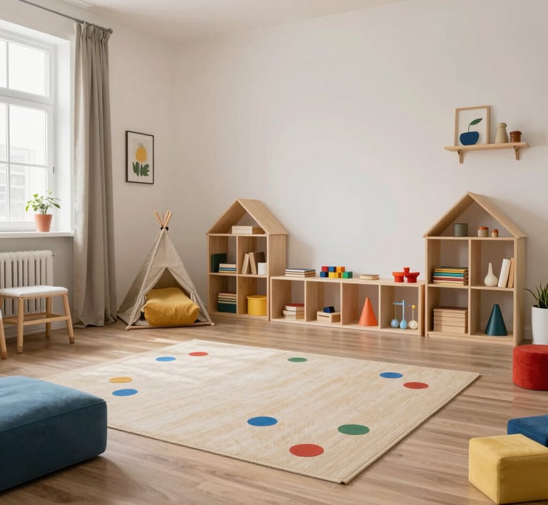 Elegant baskets and soft linens artfully displayed in a serene, minimalistic bedroom corner.