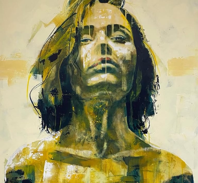 vrouw oker 100x 100 cm.