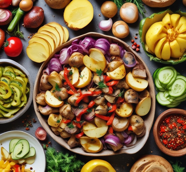 Roasted potatoes with red peppers and onions in a bowl surrounded by fresh garden vegetables.