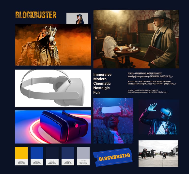 moodboard that have images related to ar glasses, movie scenes and yellow blue colour palette