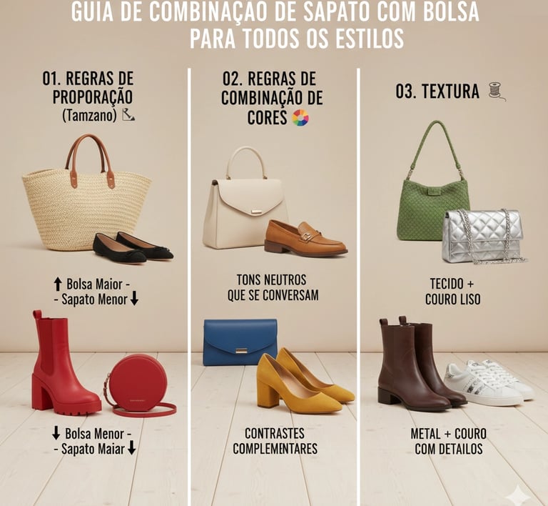 combinar sapato e bolsa regras de proporção visual guia estilo styling