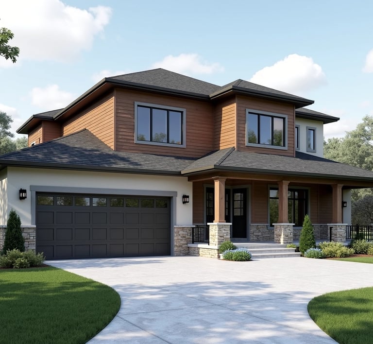 A big house with concrete driveway and walkway