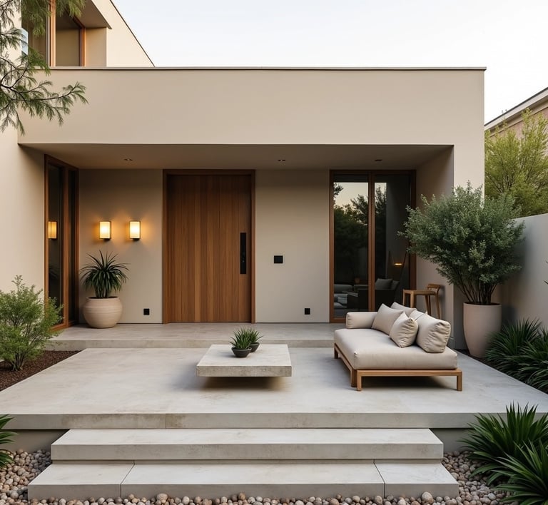 a modern concrete patio with a couch