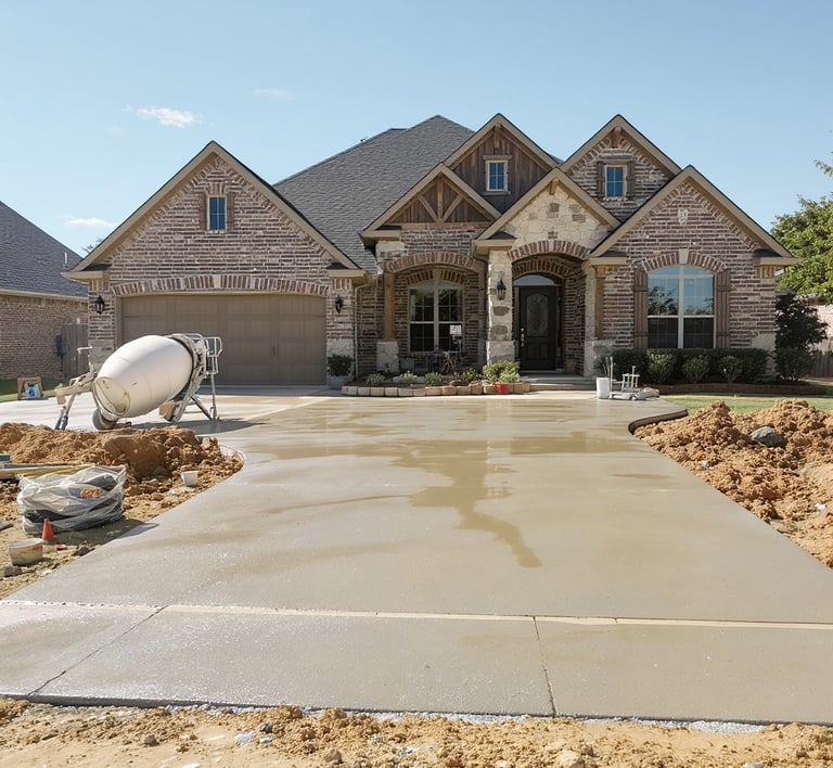 a brick house with newly constructed concrete driveway