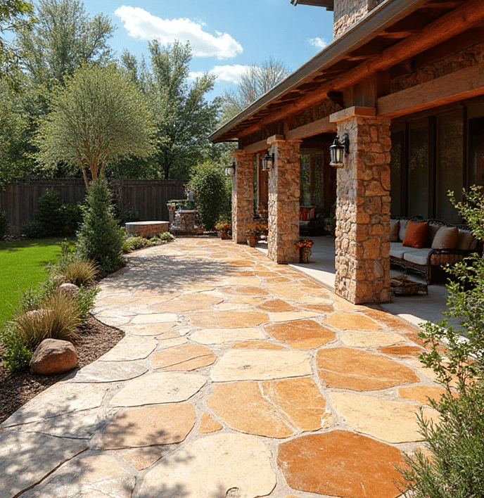 a patio with a stamped concrete finished
