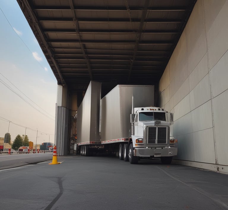A large flatbed truck is loaded with heavy steel beams outside a warehouse. Three individuals are working around the truck, with one on top of the truck securing the load with chains. The warehouse is labeled with a company name and has an open entrance showing more beams inside. The sky is partly cloudy, casting a dramatic light over the scene.