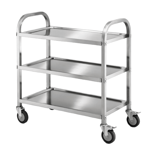 High-quality prosumer grade kitchen trolley with three stainless steel tiers and locking swivel castors.