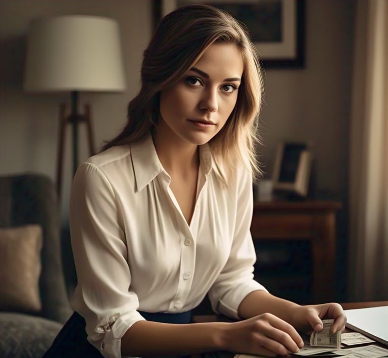 Mulher loira de camisa branca sentada à mesa com cédulas de dinheiro.