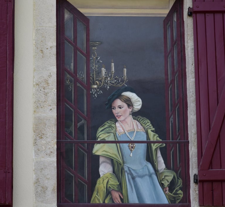 Trompe-l'oeil peint pour un château à Maisod, une fenêtre ouverte, une femme en costume d'époque.