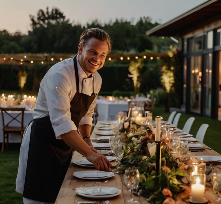 a man in a black apron and aprons is preparing to serve a meal