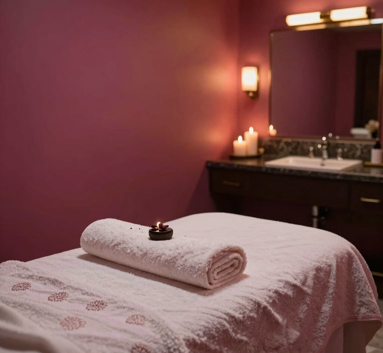 A tranquil corner with earthy tones, candles, and plush seating inviting relaxation.