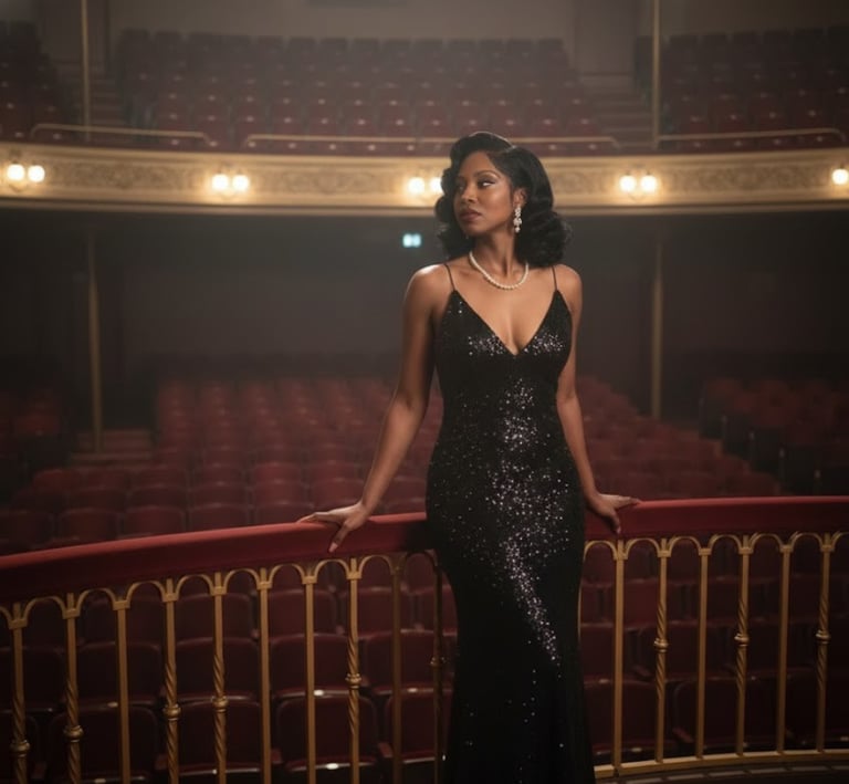 Ruby Mae Davenport standing in an empty historic theater wearing a black evening gown, embodying tim
