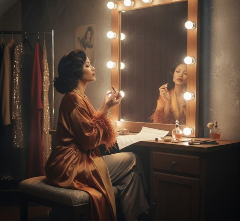 Ruby Mae Davenport preparing backstage at a vanity mirror, capturing a quiet moment before performan