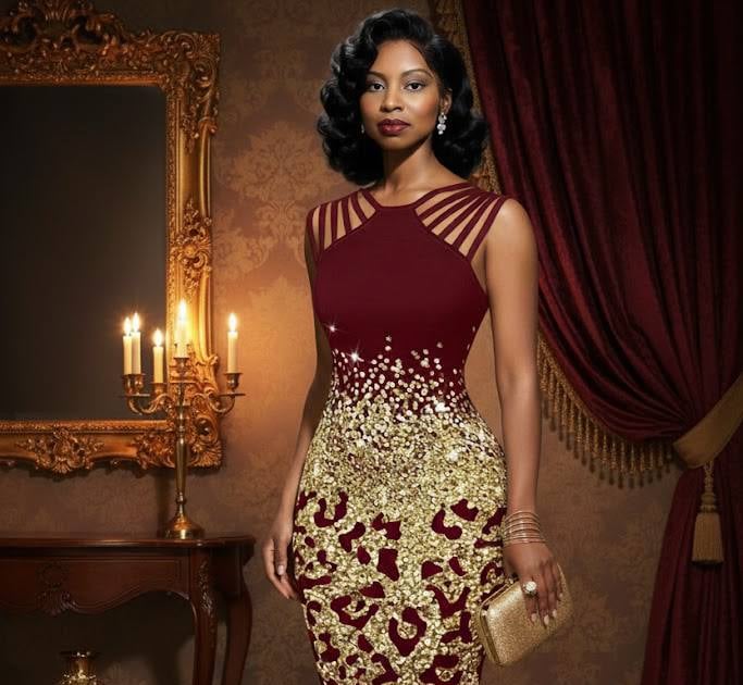 Ruby Mae Davenport in an elegant burgundy and gold evening gown, embodying timeless jazz sophisticat
