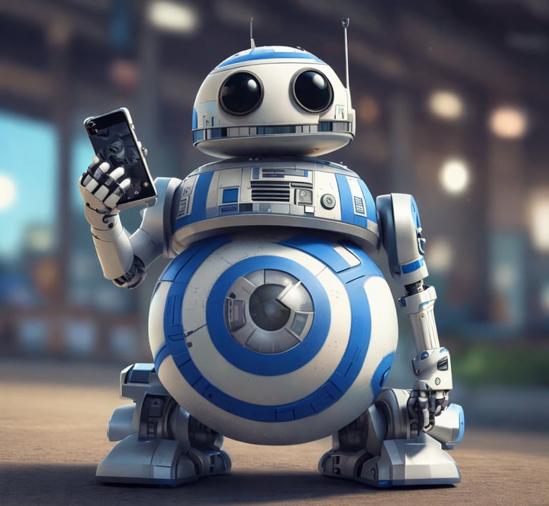 Cute robot holding a cell phone and looking at the reader.