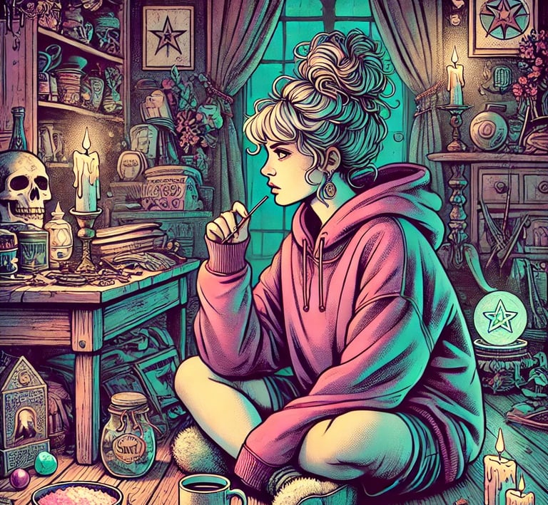 a woman sitting on a table with a cup of coffee