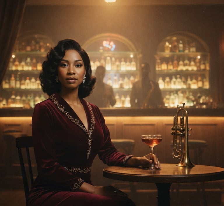 Ruby Mae Davenport seated in an intimate jazz lounge, embodying timeless elegance and soulful storyt