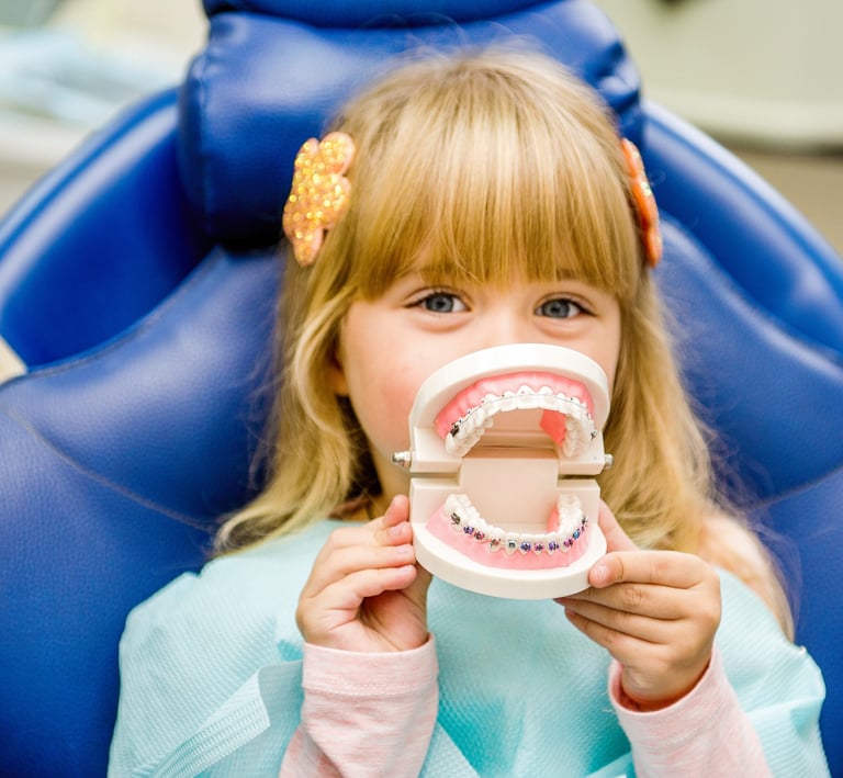 a little girl sitting in a chair with a toothbrush