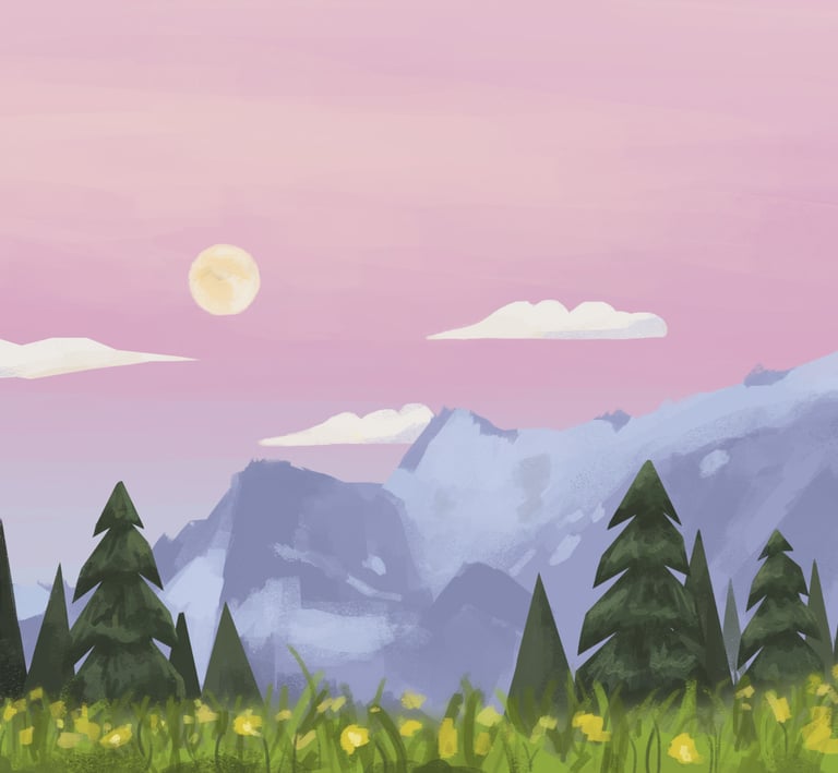 a mountain scene with a mountain range and a full moon