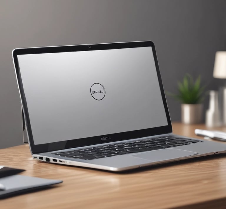 A silver laptop is displayed with its screen on, showing a wallpaper featuring a person in a checkered shirt holding a camera. The person is surrounded by cyclists in a blurred background. On either side of the laptop, camera lenses and a silver smartphone are placed, giving a tech and photography theme. The surface is covered with a textured blue material, providing a soft contrast.