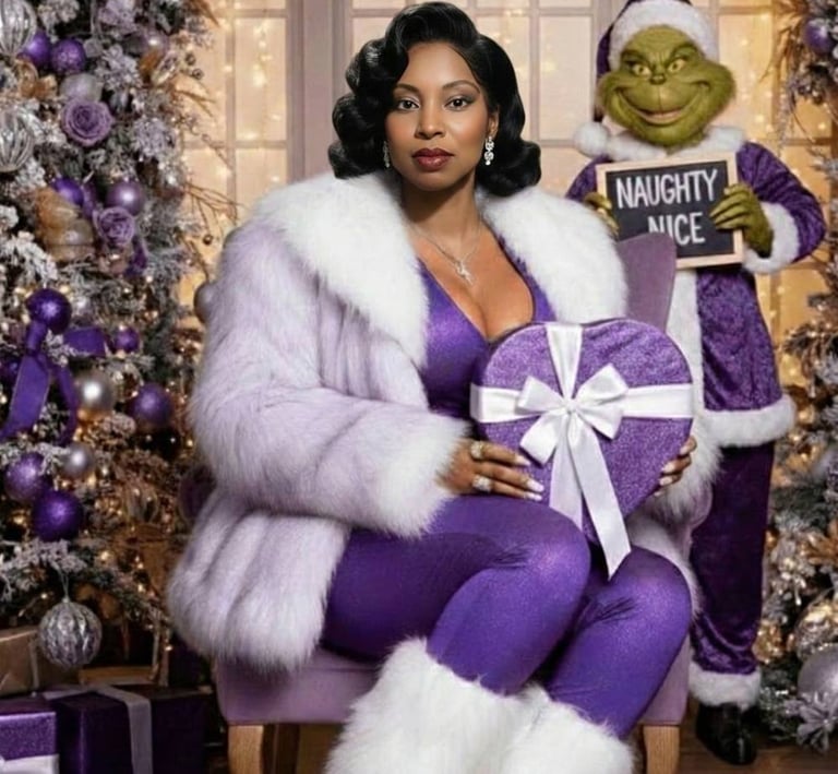 Ruby Mae Davenport, jazz soul artist, seated in a festive holiday setting wearing a purple outfit an