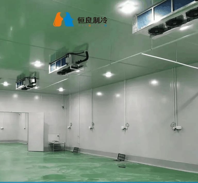 industrial meat cold storage room with hanging carcasses and temperature control system