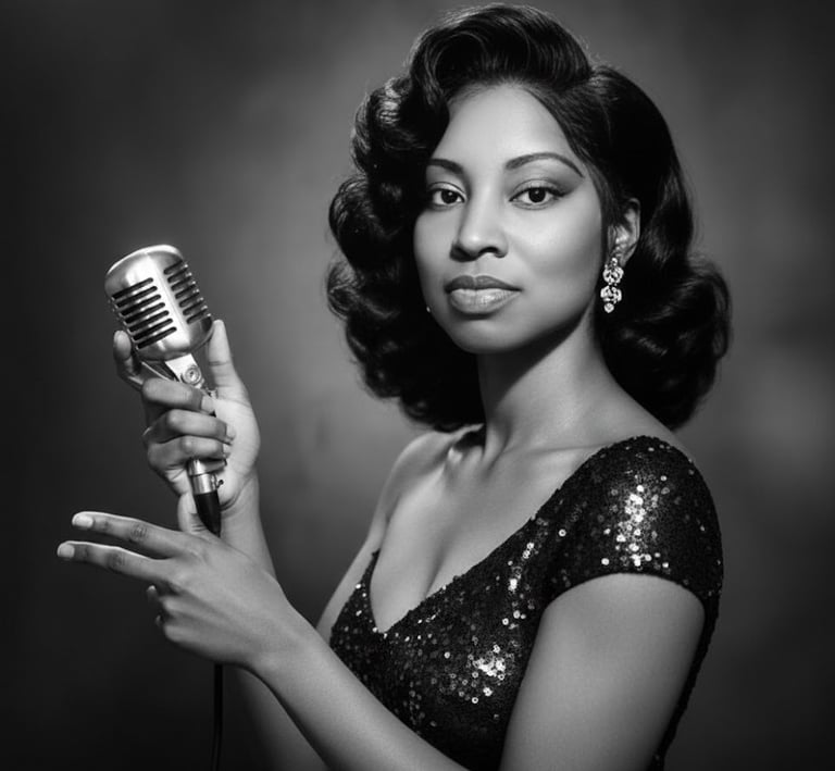 Ruby Mae Davenport holding a vintage microphone in a timeless black and white portrait, embodying cl