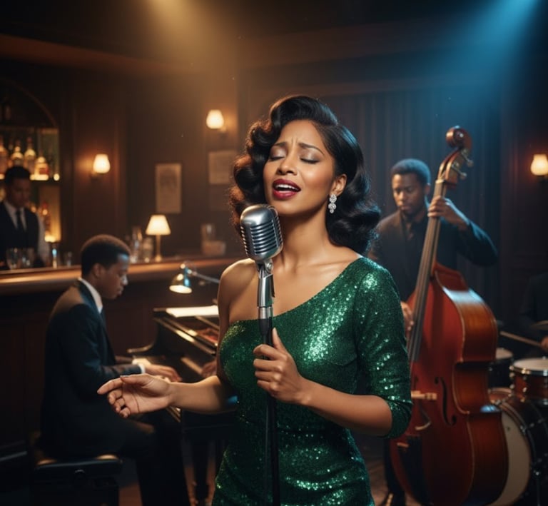 Ruby Mae Davenport performing soulful jazz vocals on stage, wearing a green dress with live band in