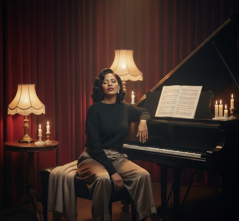 Ruby Mae Davenport seated at a piano in a softly lit room, reflecting quiet strength, musical intima