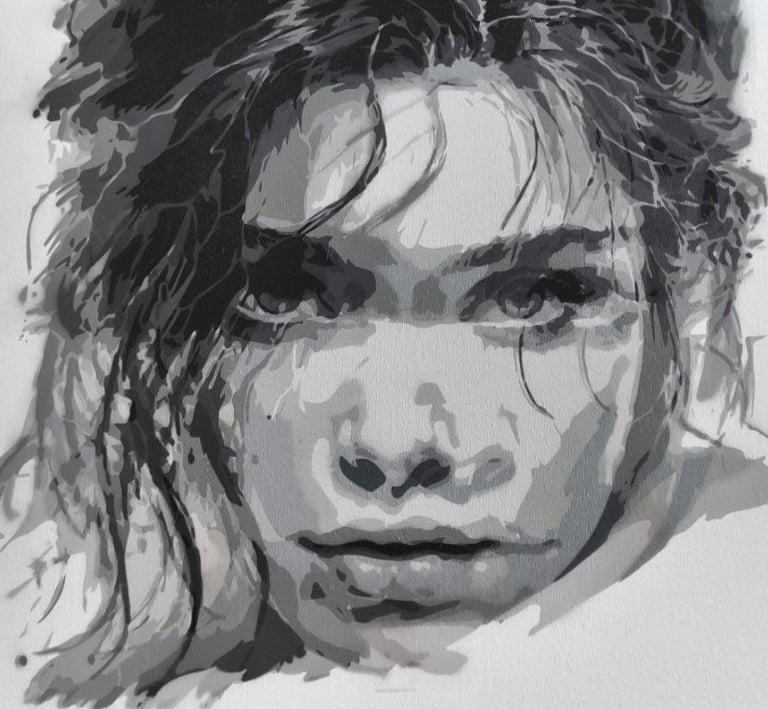 Female portrait in grayscale created with stencil technique on canvas, contemporary artwork by Polio