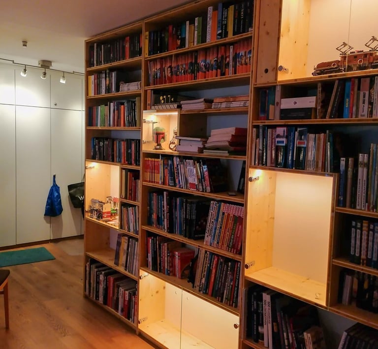 Modernes Regal mit Glastüren und LED-Beleuchtung – ideal für Bücher und Modellpräsentationen, fertig