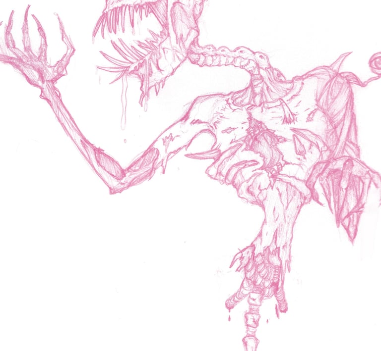 A drawing of a monster. horror creature are. Teeth, bones, claws, gore.