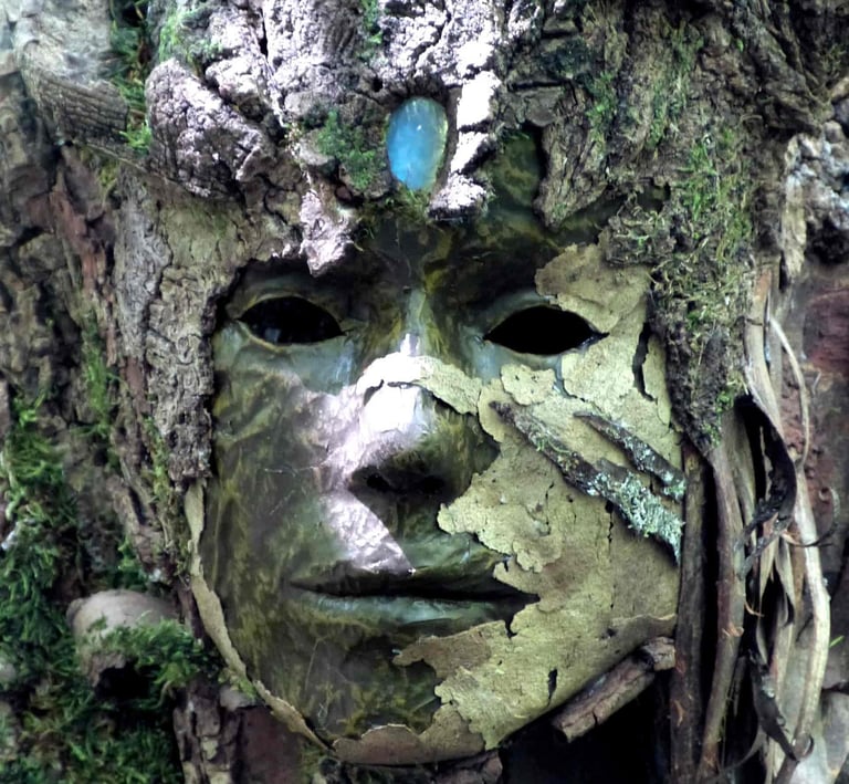 Masque d’écorce photographié en forêt, œuvre de Samuel Chazot art & nature