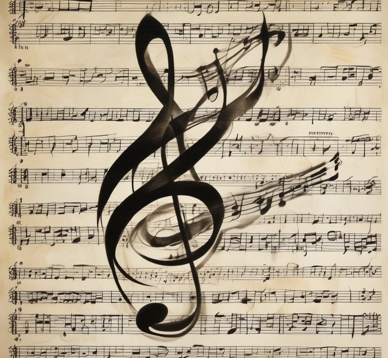 A modern office space with a computer and musical notes.