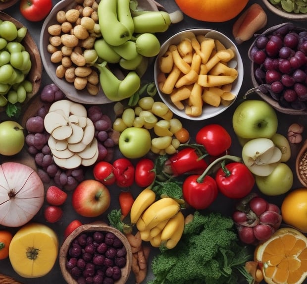 Assortment of fruits and vegetables. Nutrition, nutrition coach, IBD support, gut health