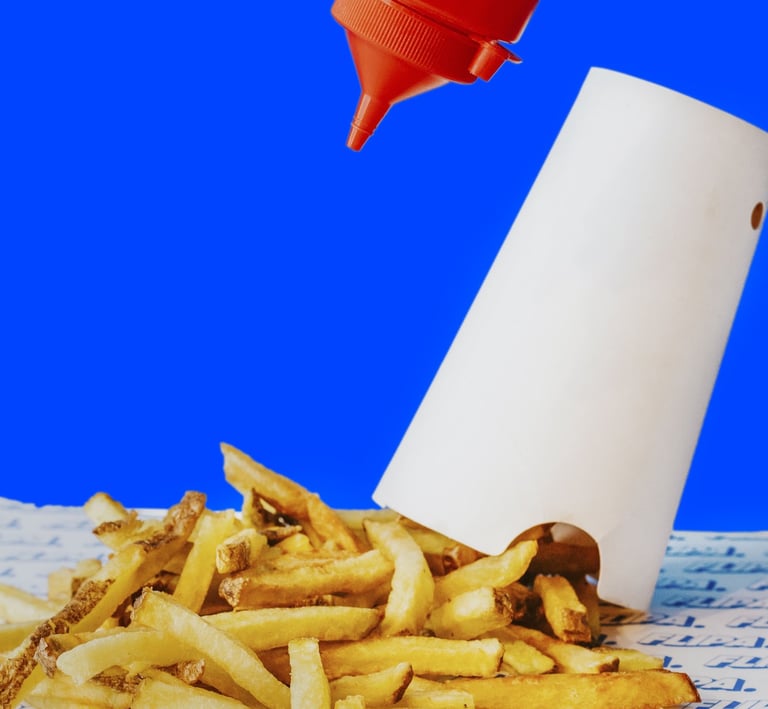 Patates fregides casolanes de Flipa amb ketchup sobre fons blau
