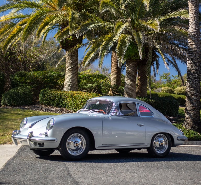 A 1960 Porsche 356B Super 90 with a pre-production sunroof option at Amelia Island Concours.