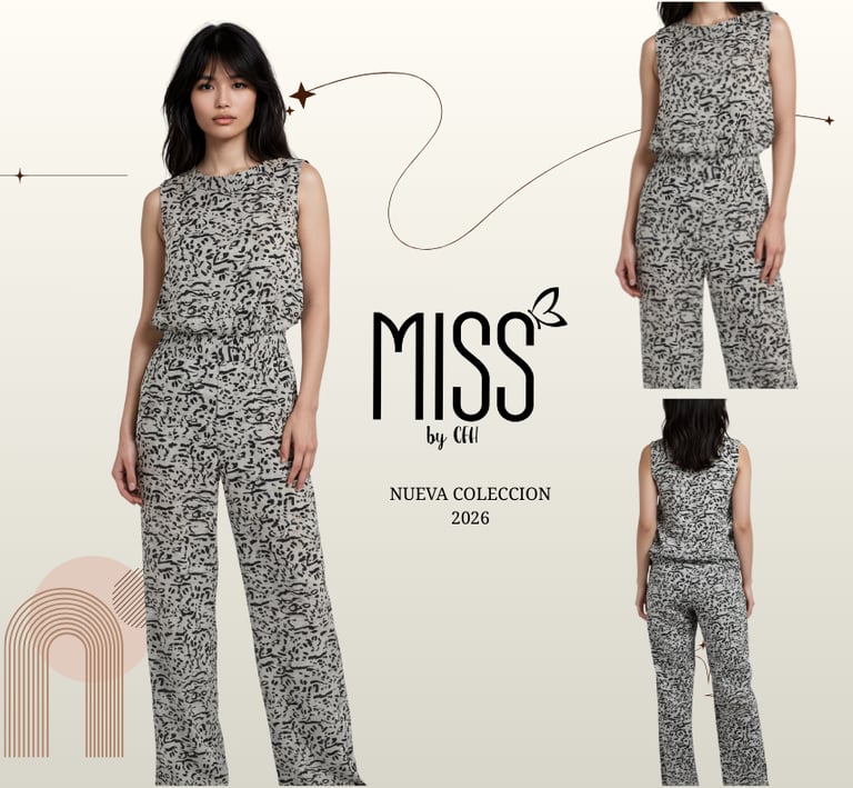 Model wearing a gray sleeveless printed jumpsuit from the Miss by CFH 2026 new collection.