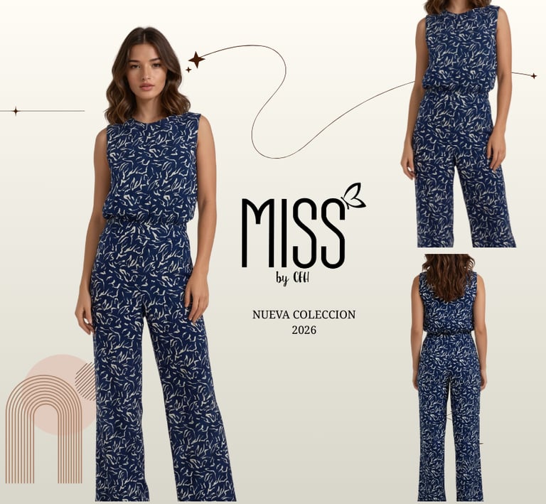 Woman wearing a navy blue sleeveless jumpsuit with a white abstract print from the 2026 MISS collection.