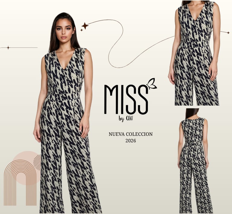 Woman wearing a sleeveless V-neck patterned jumpsuit from the Miss by CFF 2026 collection.