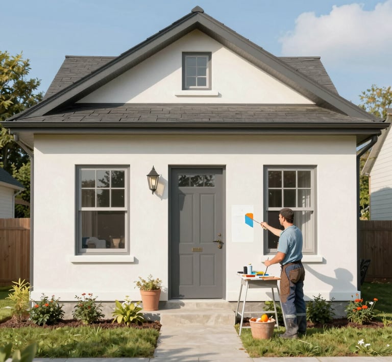 Painter applying fresh paint on an exterior wall of a house