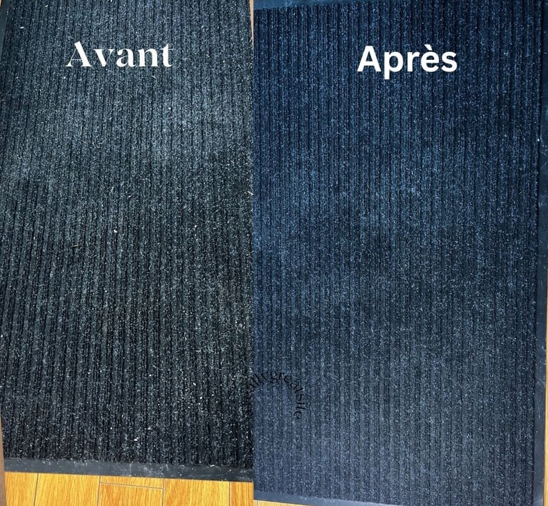 A before and after comparison of a deep cleaned black ribbed commercial entrance floor mat.