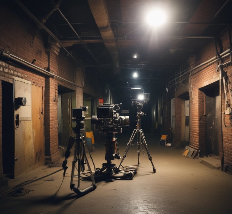 A candid photo of a director discussing a scene with actors on set.