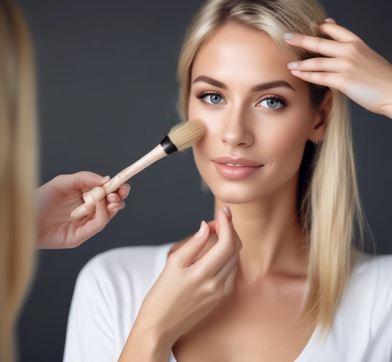 A close-up of a smiling woman applying clean, natural makeup in soft morning light.