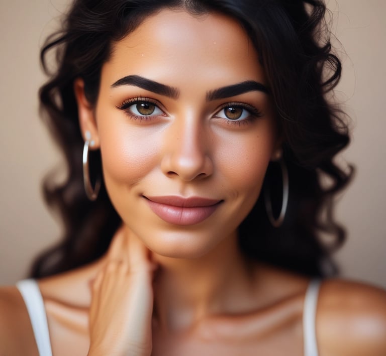 A woman confidently wearing subtle, fresh-faced clean makeup outdoors in natural sunlight.